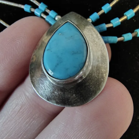 Vintage Southwestern Sterling Silver 3 Strand Necklace w/ Turquoise - Picture 4 of 9